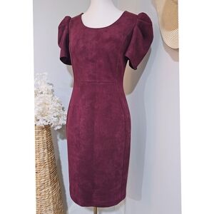 Calvin Klein Burgundy Faux Suede Puff Sleeve Sheath Dress